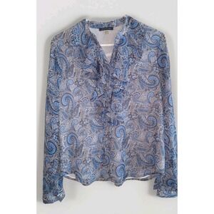 Tommy Hilfiger XS Blue Tan Paisley Print Ruffled Blouse Women's Long Sleeve